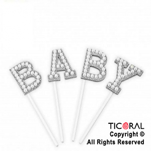 Cake topper BABY con perlas plata X 1